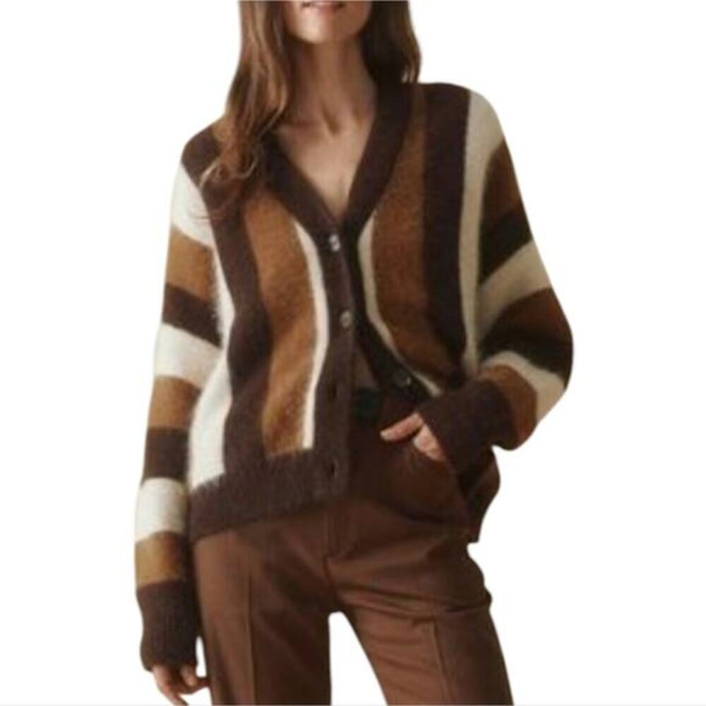 Industry‎ Striped V-Neck Cozy Soft Fuzzy Cardigan Sweater Women's Size XL NEW